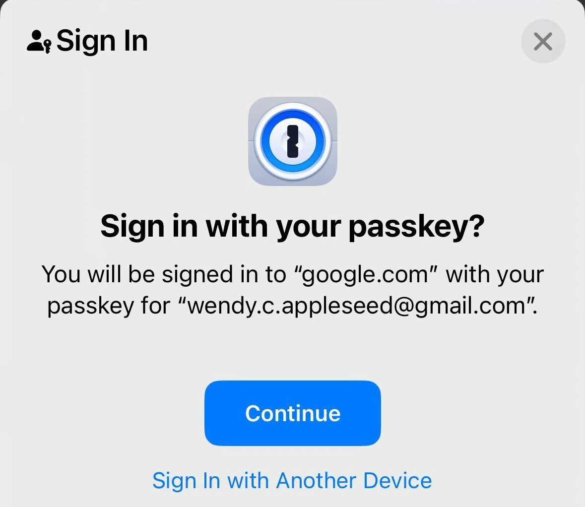 Signing in with a passkey using 1Password for iOS