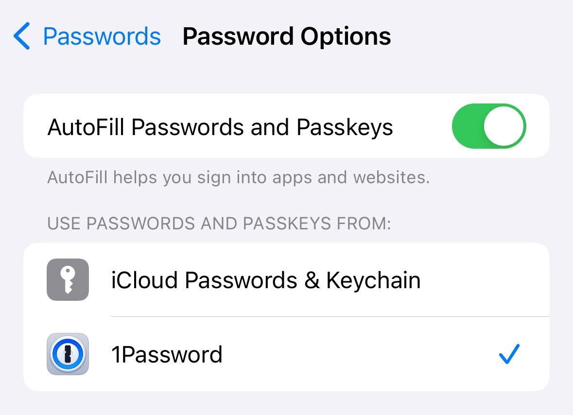 The Password Options page in the Settings app with 1Password selected.