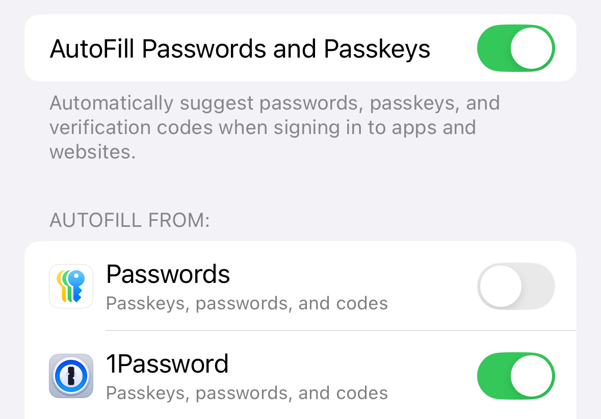 The Password Options page in the Settings app with 1Password selected.