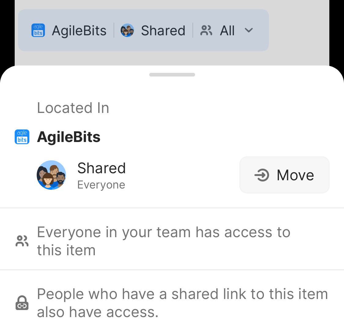 The item access dropdown menu showing who can access an item in the Shared vault.