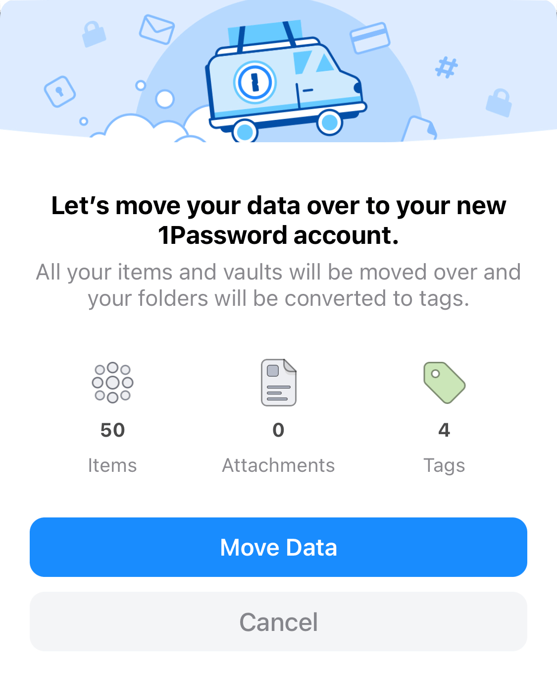 1Password 7 for iOS asking if you want to move your data into a 1Password account