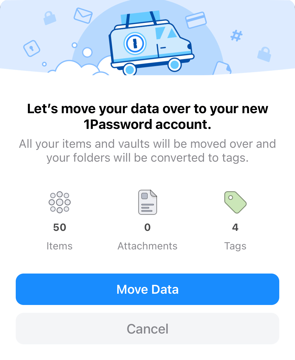 1Password 7 pour iOS vous demandant si vous souhaitez déplacer vos données sur un compte 1Password