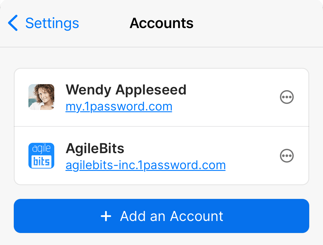 Multiple accounts on the Accounts screen in 1Password for iOS