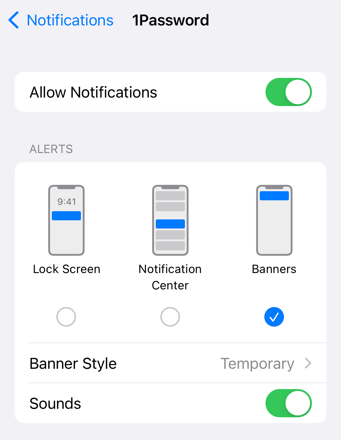 Notification settings in the Settings app on iOS