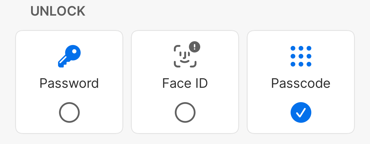 Security settings in 1Password showing the Passcode setting selected on a device with Face ID
