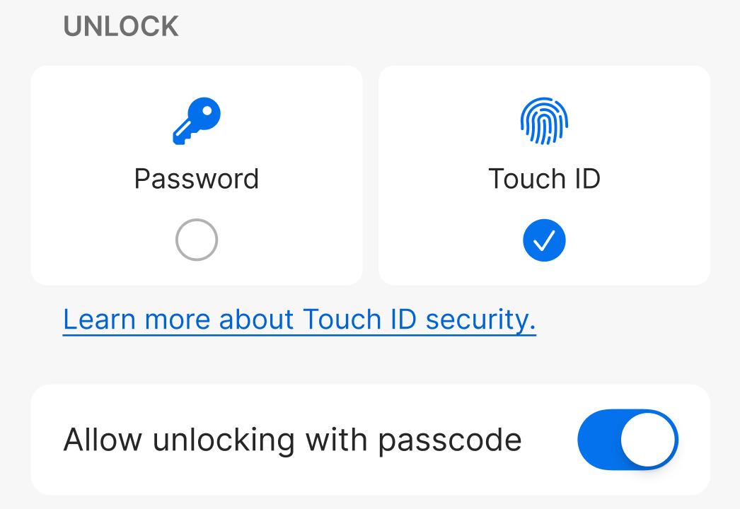 Security settings in 1Password showing the 'Allow unlocking with passcode' setting selected on a device with Touch ID