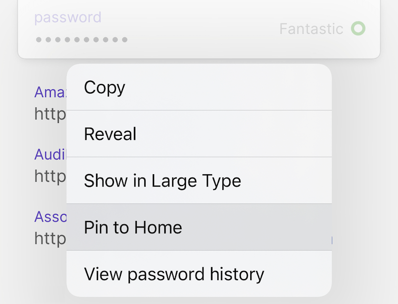 An item with showing the dropdown menu on a password field with Pin to Home selected.