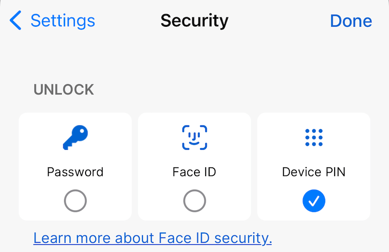 Security settings in 1Password showing the Device PIN setting selected