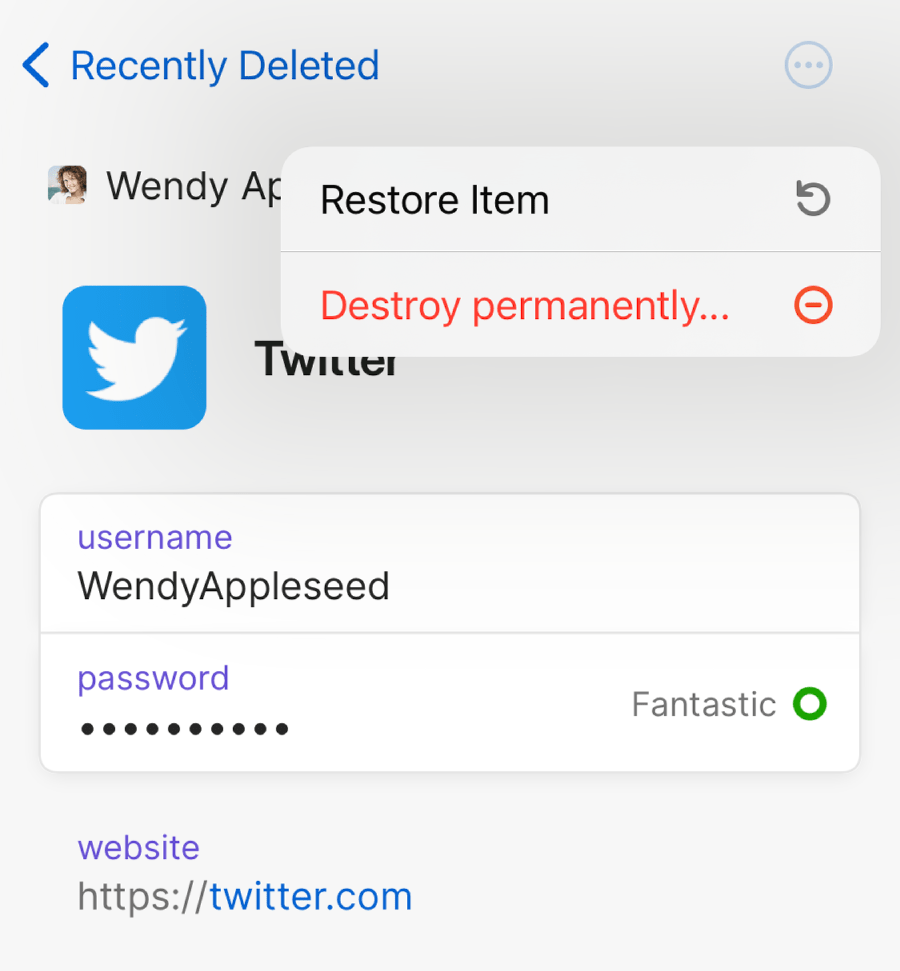 A recently deleted item in 1Password 8 for iOS