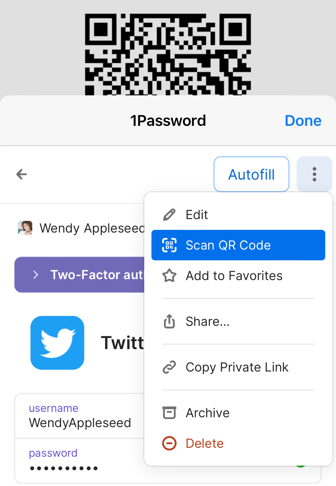 The 1Password pop-up in Safari showing an item with the Scan QR Code option selected.