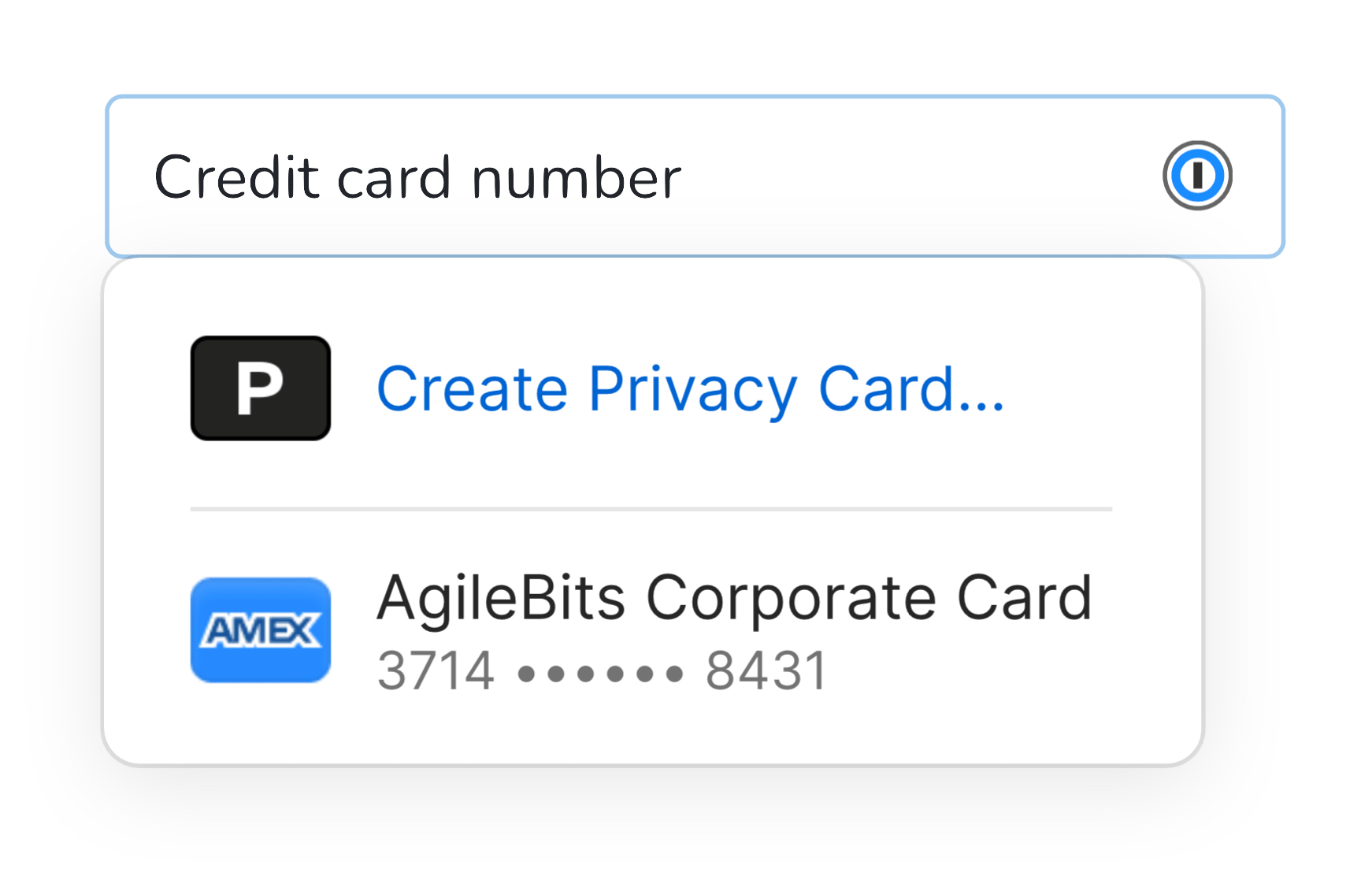 A credit card number field showing inline suggestions from 1Password.