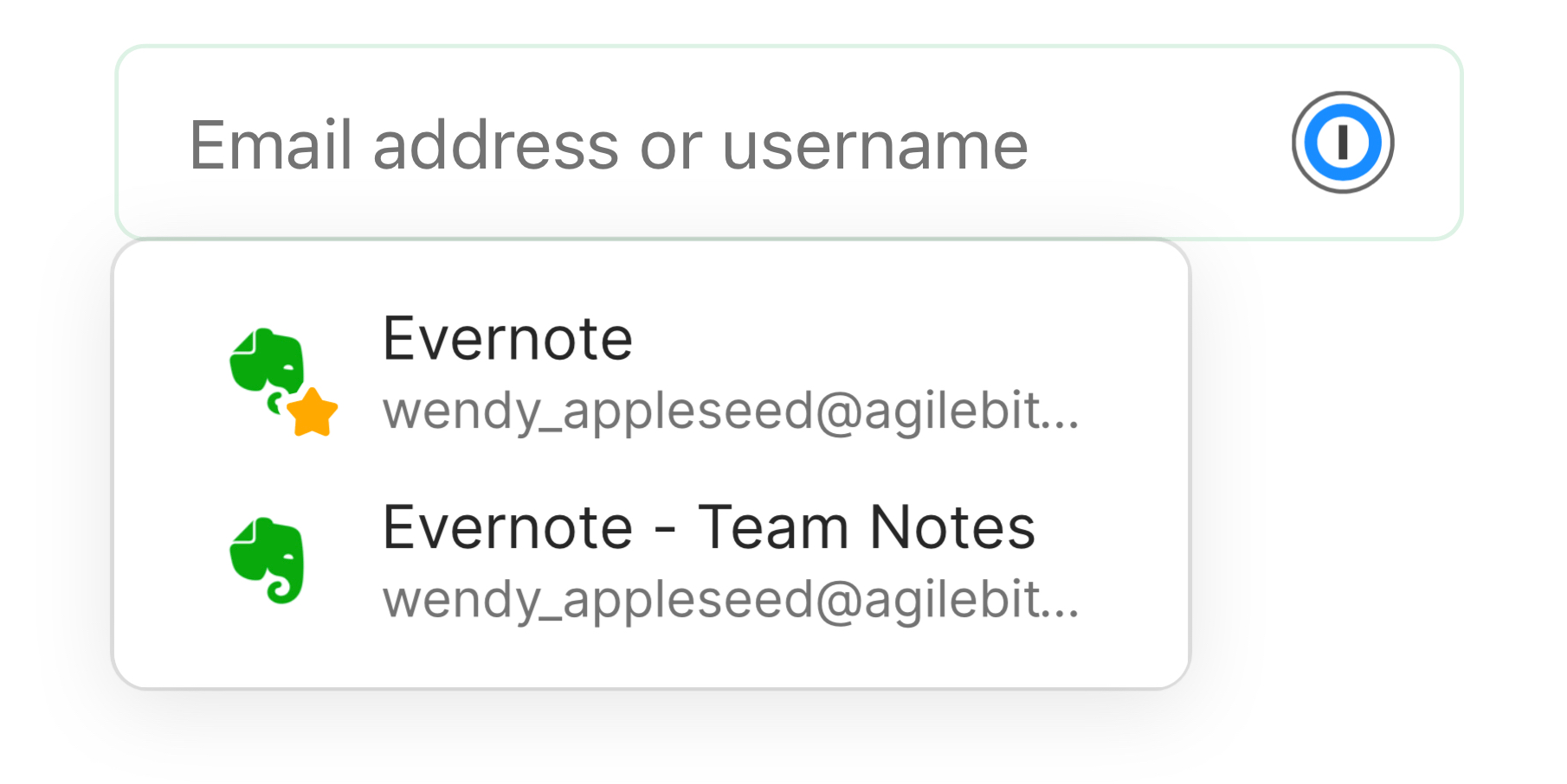 A username field showing inline suggestions from 1Password.