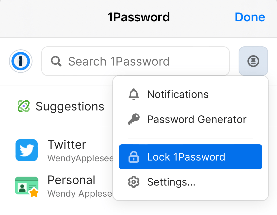 The 1Password pop-up in Safari showing the dropdown menu with Lock 1Password selected.