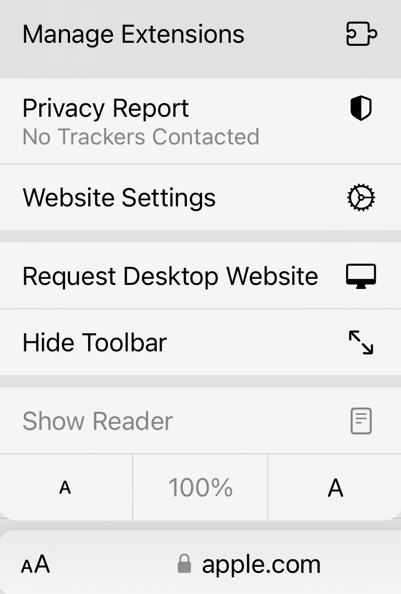 The Page Settings menu in Safari with Manage Extensions selcted.