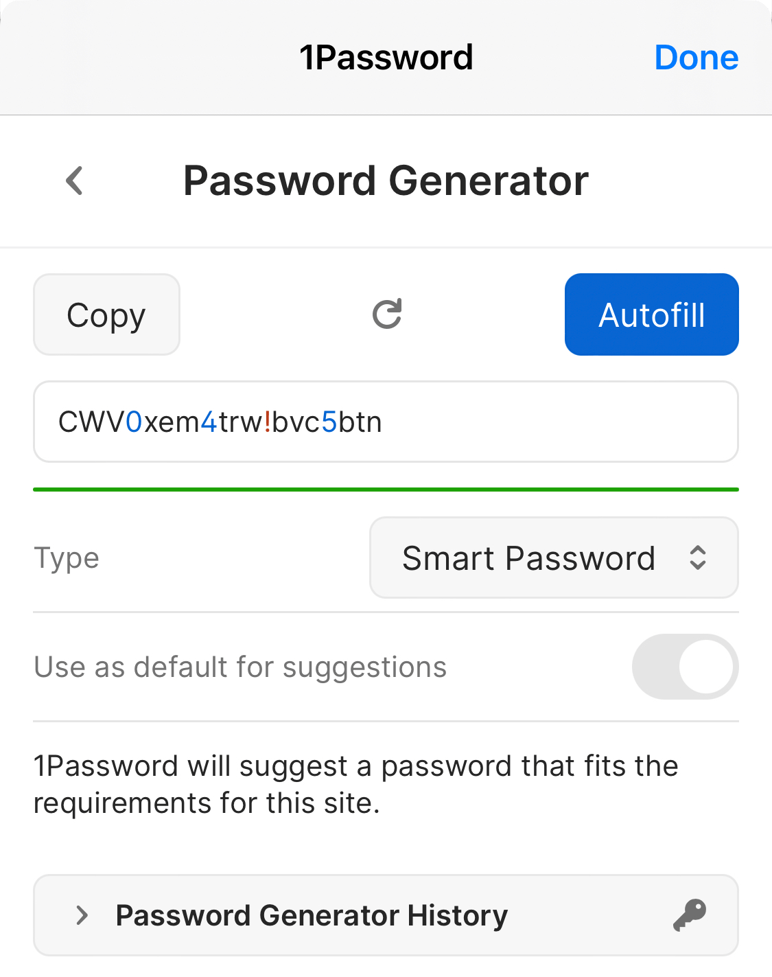 The Password Generator in 1Password for Safari showing a Smart Password suggestion.