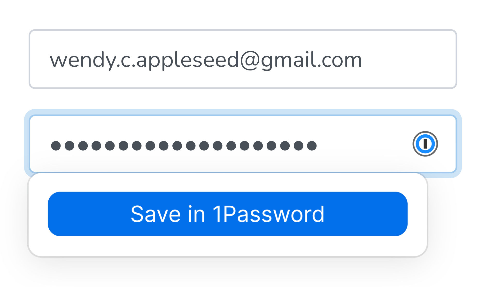 A username and password field with the Save in 1Password button selected.