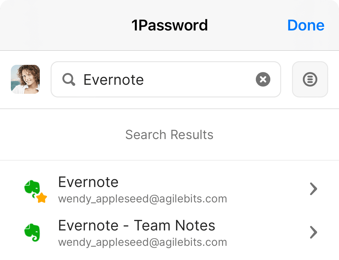The 1Password pop-up in Safari showing a search result.