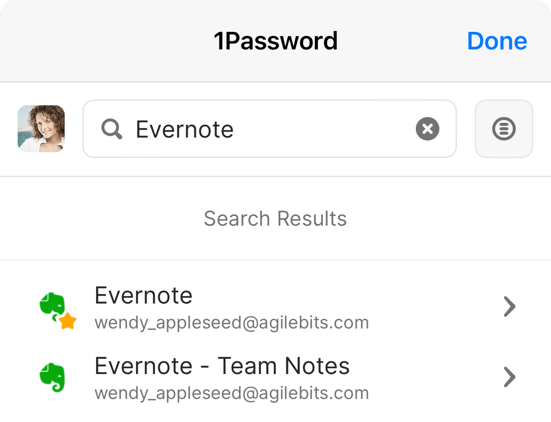 La fenêtre contextuelle 1Password de Safari qui affiche les résultats de recherche.