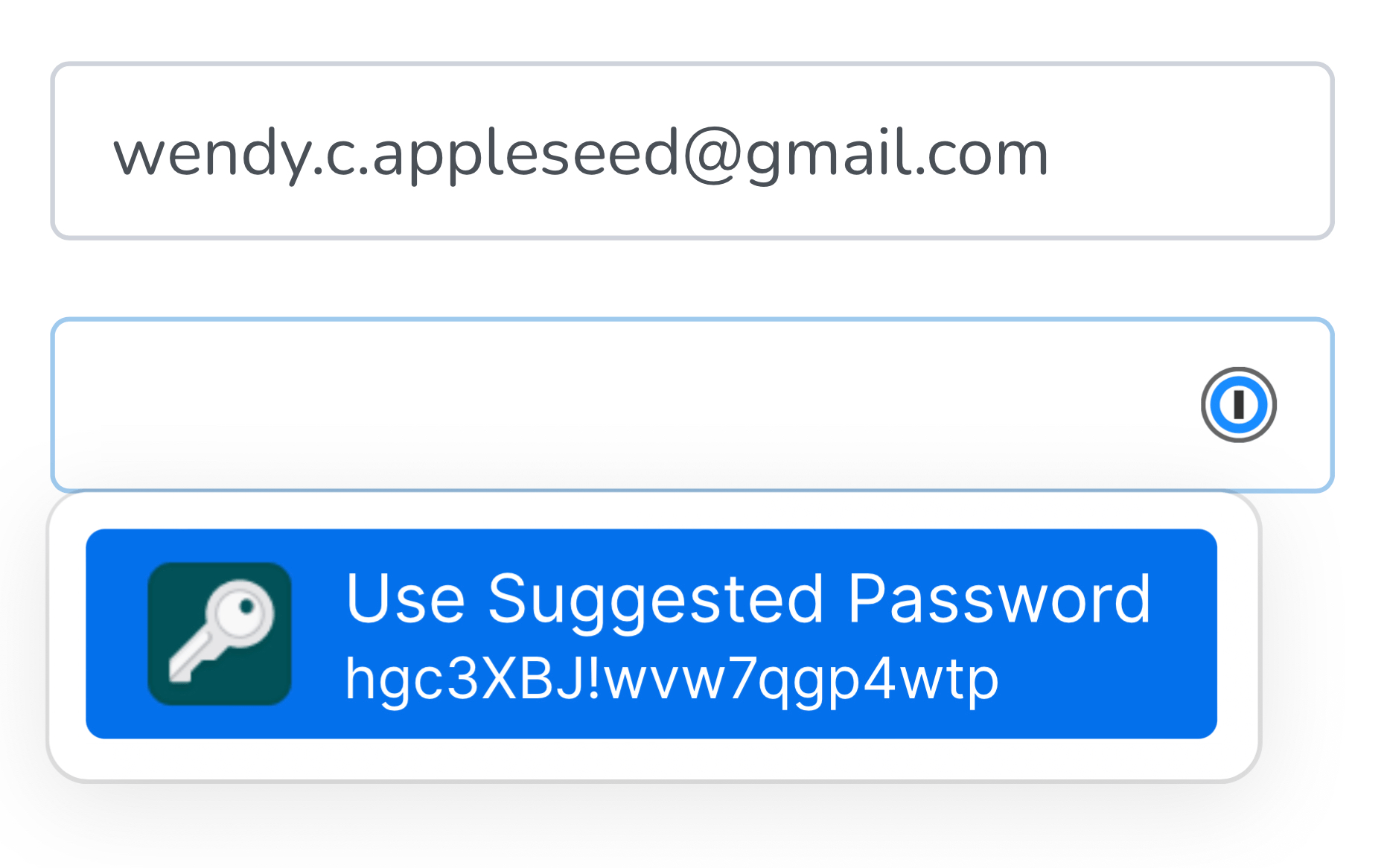 The password field of a registration form showing a suggested password from 1Password.