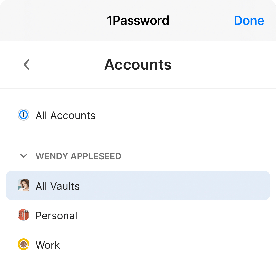 The 1Password pop-up in Safari showing a list of accounts and vaults.