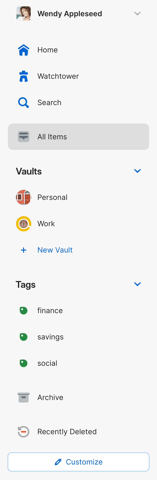 The sidebar on an iPad in 1Password for iOS