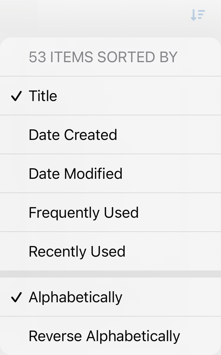 The sort dropdown menu with Title and Alphabetically selected.