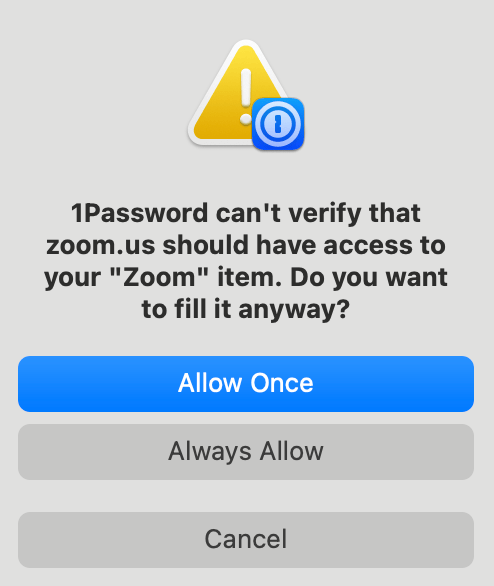 A message from 1Password that asks if you want to link a login item with an app