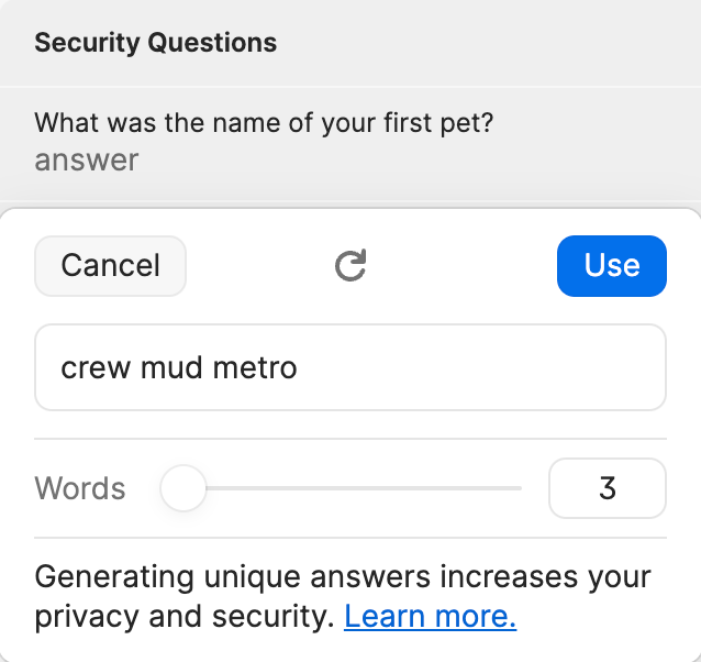 The create new security question answer screen showing a randomly generated answer of crew mud metro.