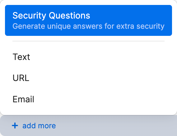 The option to create security questions highlighted at the top of the Add More menu.