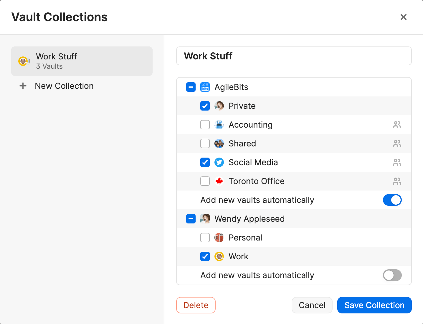 The Manage Collections window open with vaults selected to add to a Work Stuff collection.