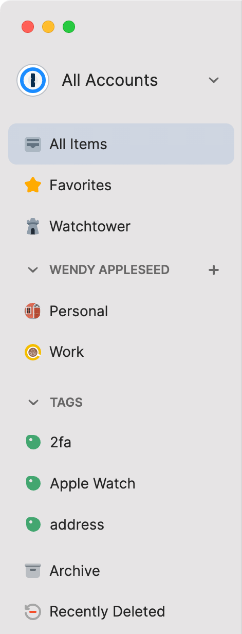 Favorites and tags in the vault sidebar in 1Password for Mac