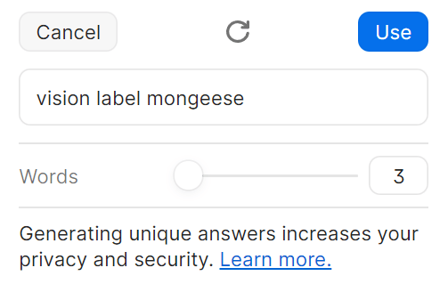 The create new security question answer screen showing a randomly generated answer of vision label mongeese.