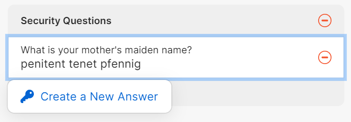 The security question answer edit screen showing the option to create a new answer.