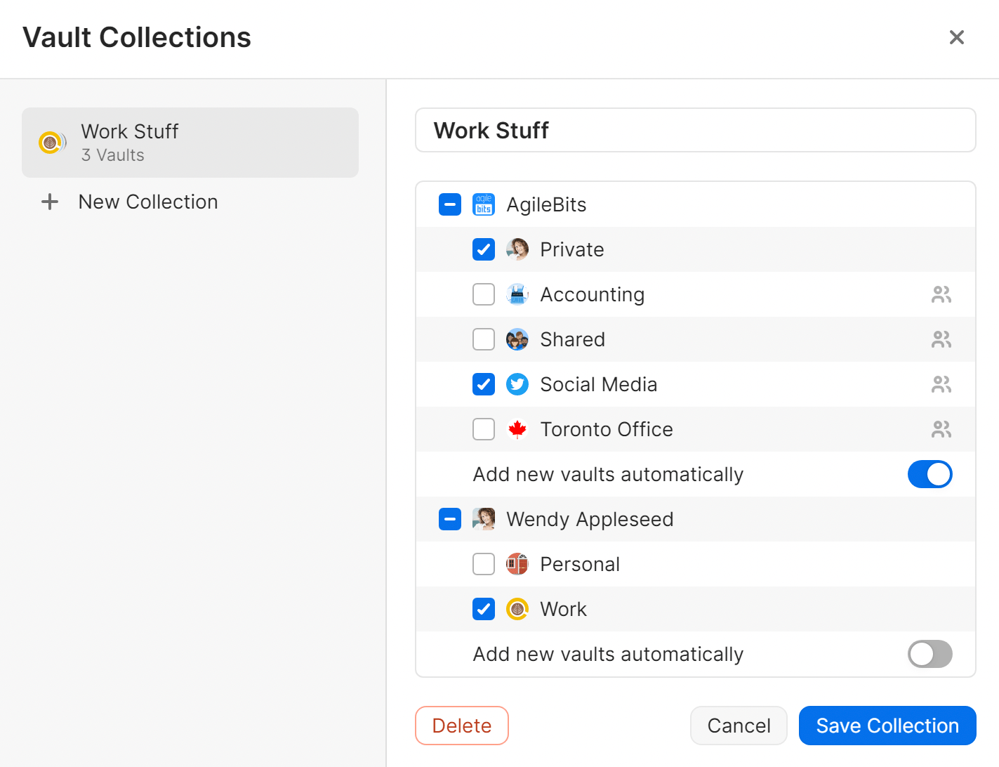 The Manage Collections window open with vaults selected to add to a Work Stuff collection.