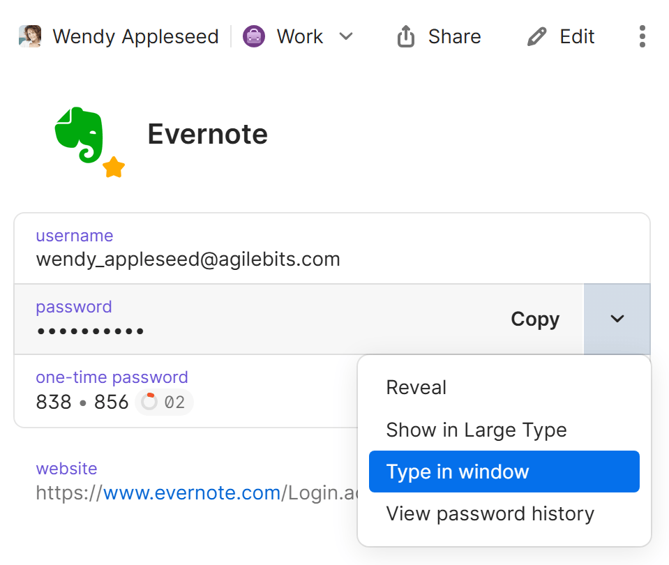 The Type In Window menu on an item