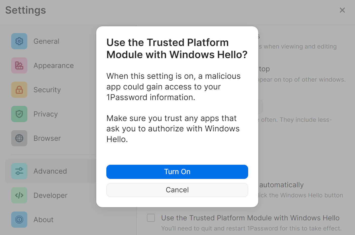 The prompt to use the Trusted Platform Module with Windows Hello