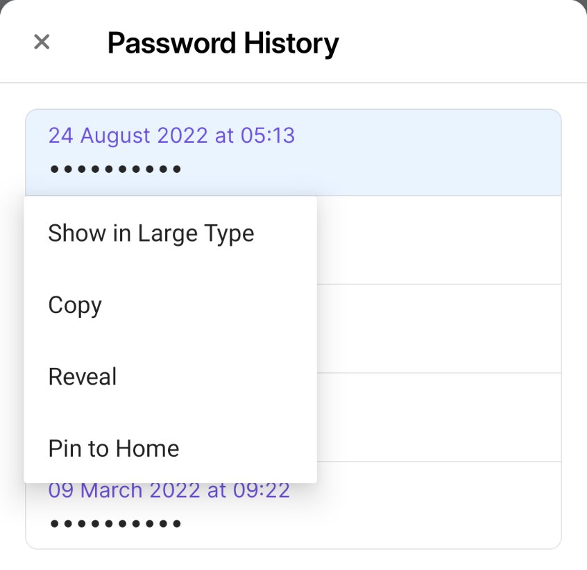 A list of previously used passwords for an item in 1Password 8 for Android