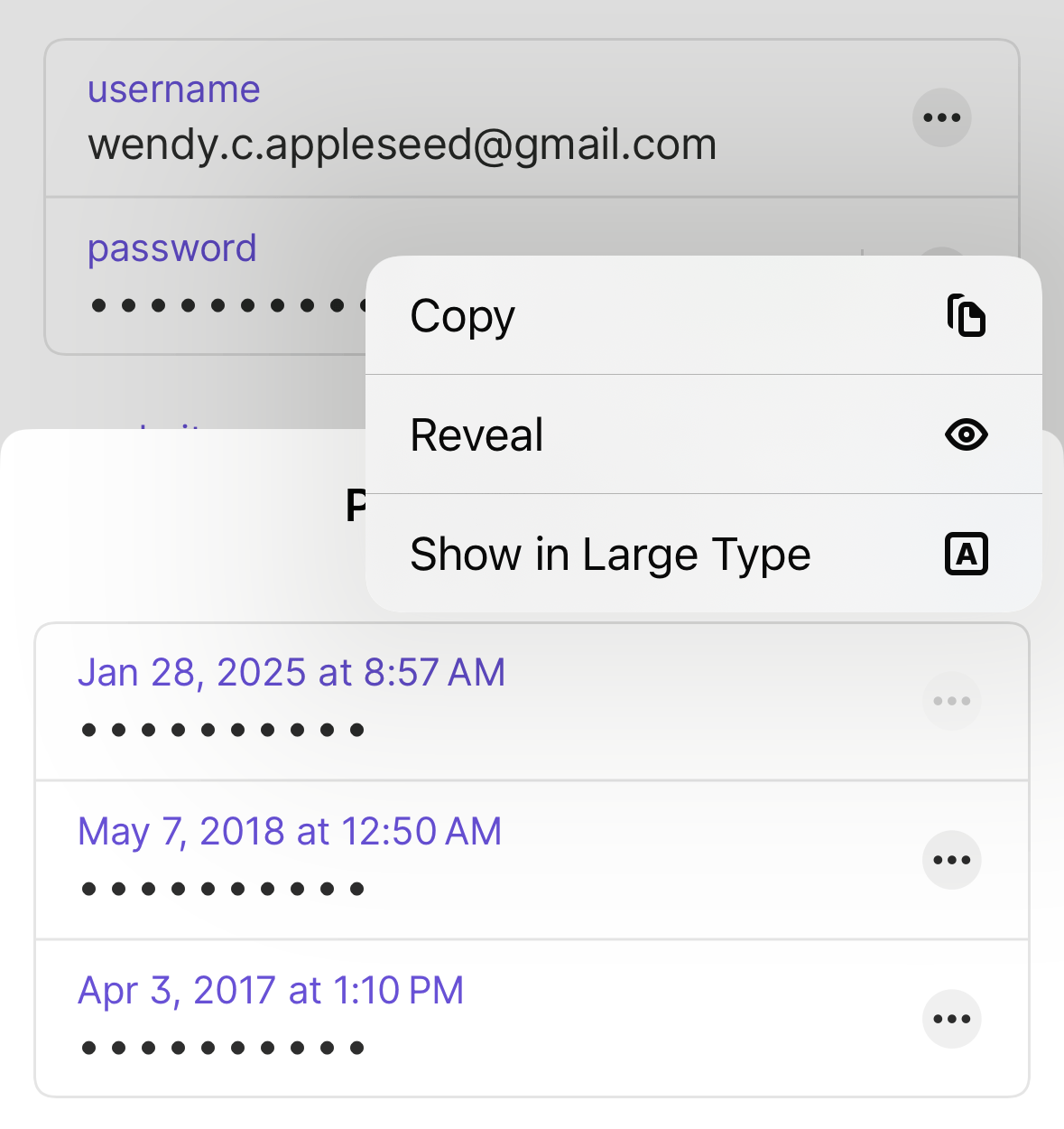 A list of previously used passwords for an item in 1Password 8 for iOS