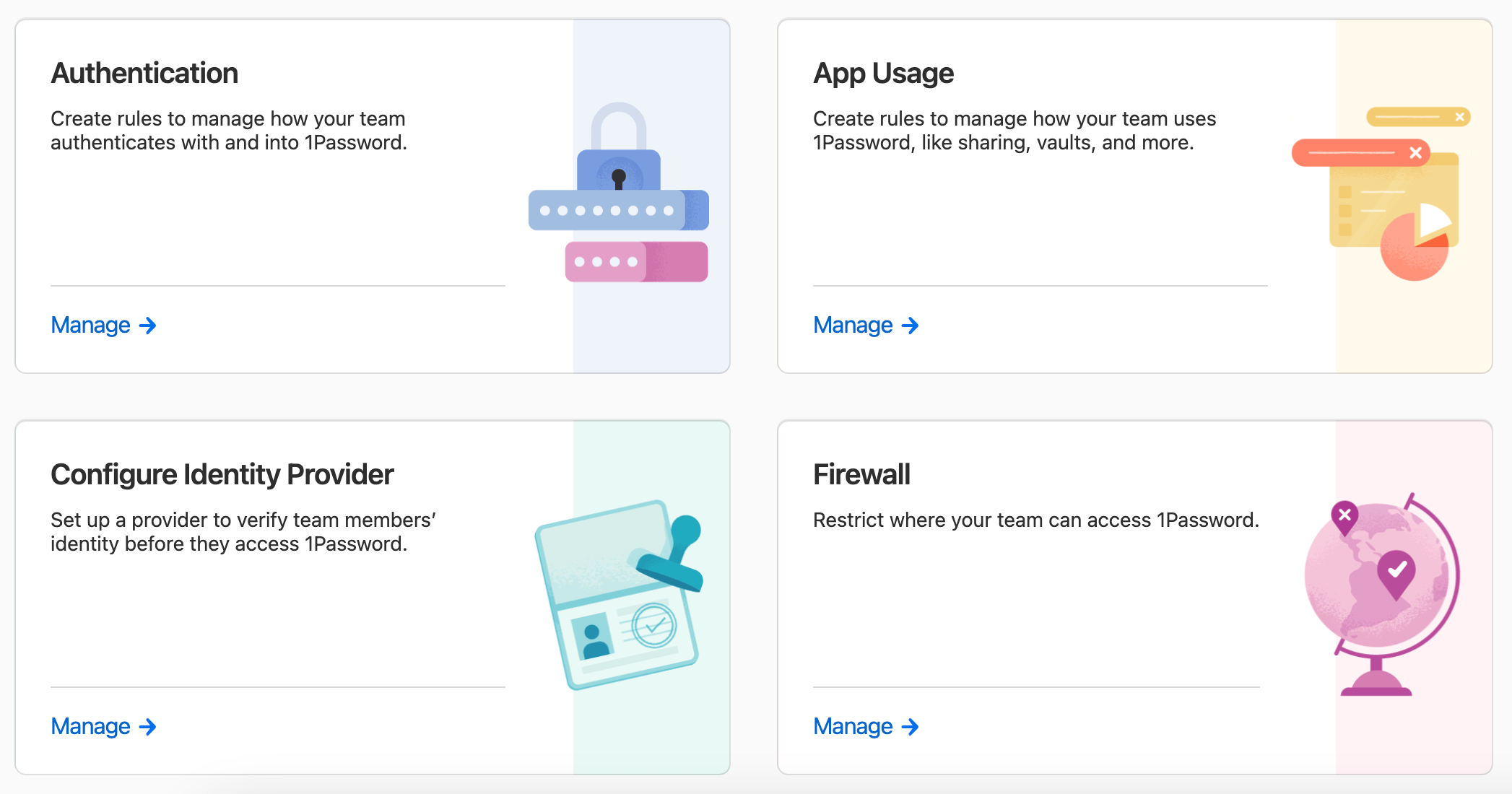 The policies available in 1Password Business.