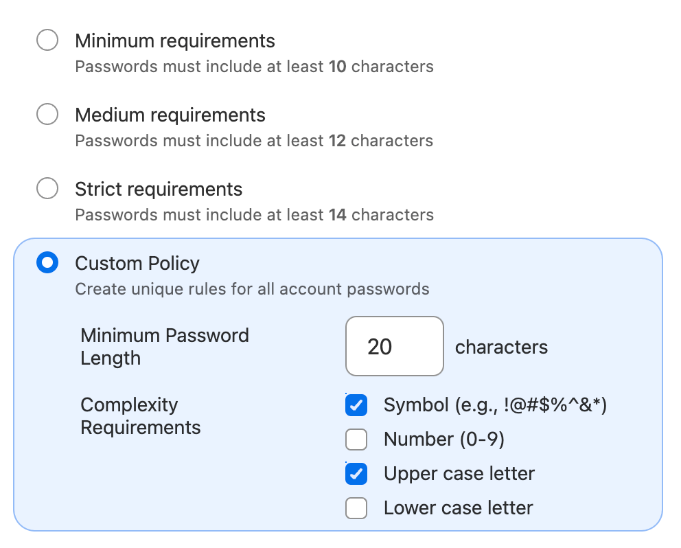 A custom account password policy with an adjustable minimum length and the option to require uppercase letters and symbols.