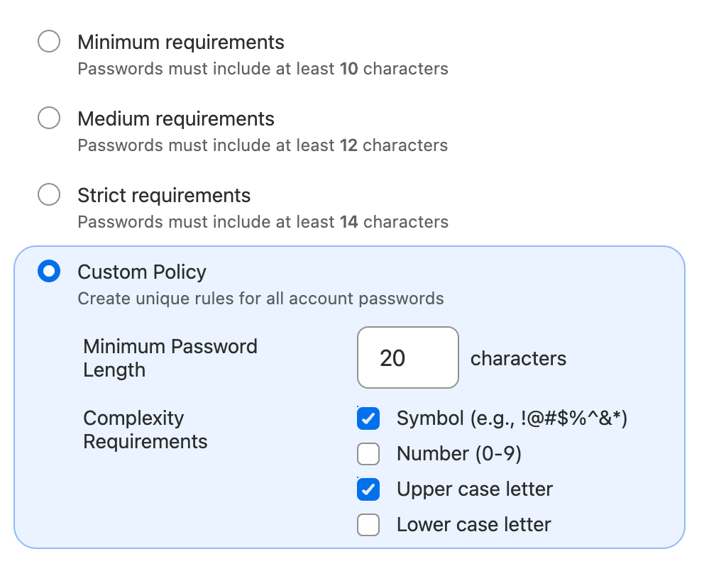 Minimum requirements when creating a password for your account