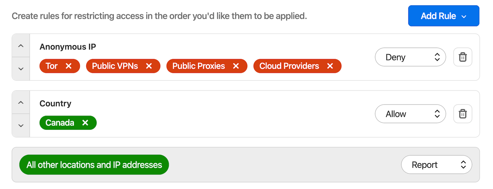 A group of firewall rules that deny access from anonymous IPs, allow access from Canada, and report access from all other locations and IP addresses.