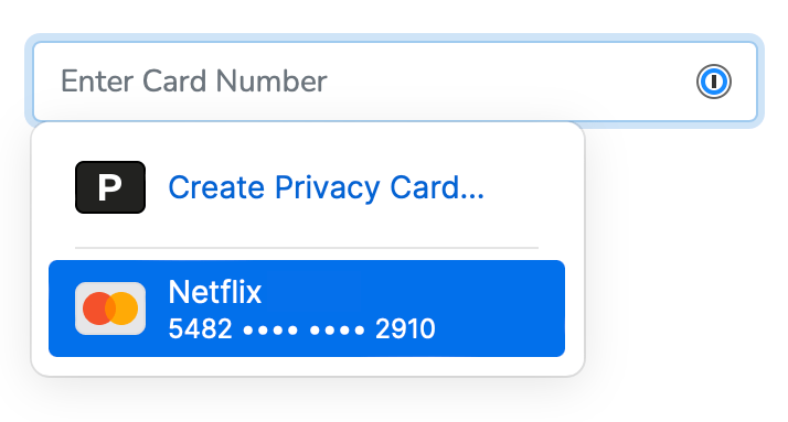 Fill a saved Privacy card from the inline menu