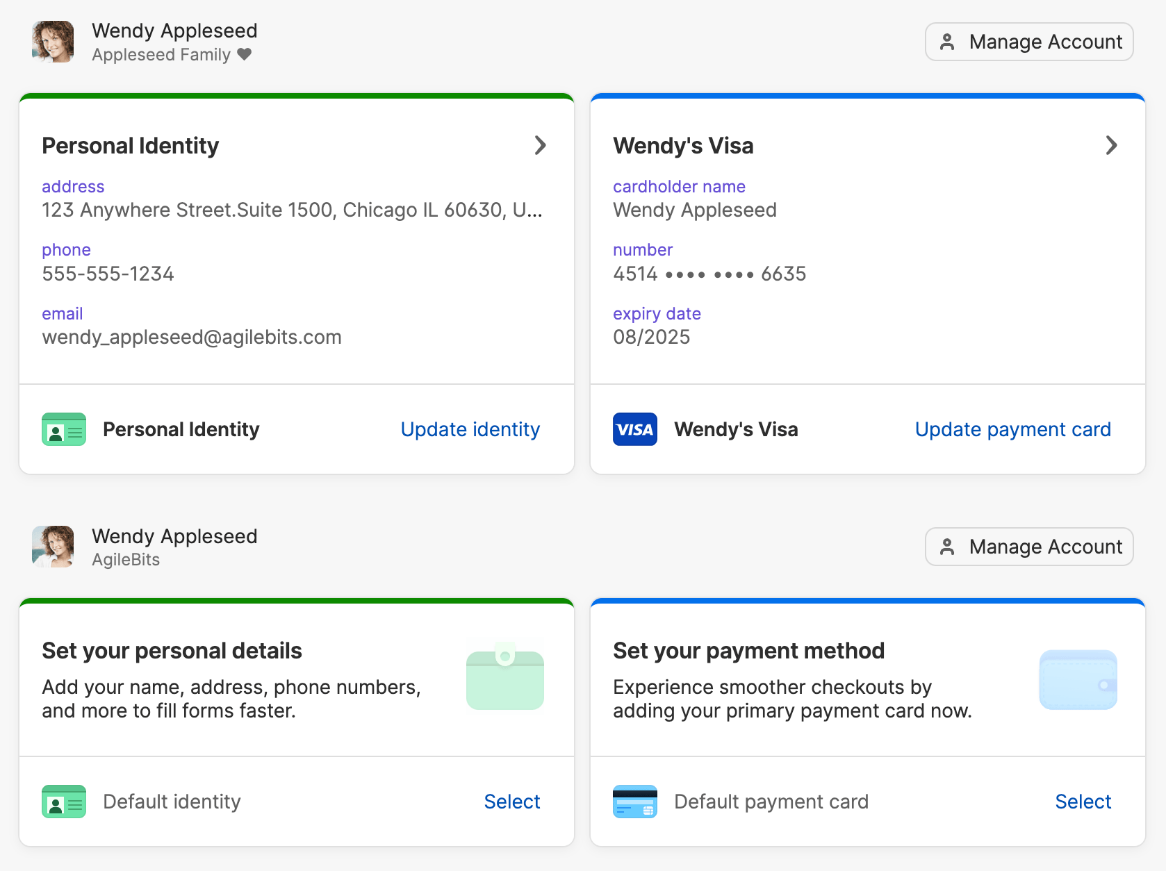 The Profile option selected in the sidebar with two 1Password accounts displayed. One account has a default identity and payment card selected.