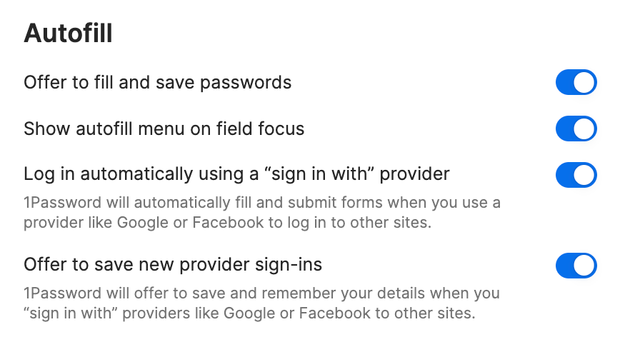 The Autofill settings section for 1Password in the browser, where you can turn the relevant settings on or off.