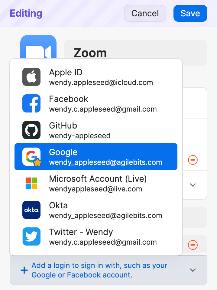 The item detail view in the 1Password apps when you edit an item and add a sign-in provider.