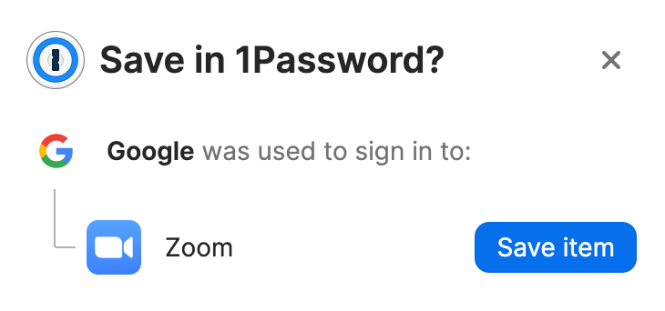 The 1Password prompt to save an item that uses a sign-in provider.