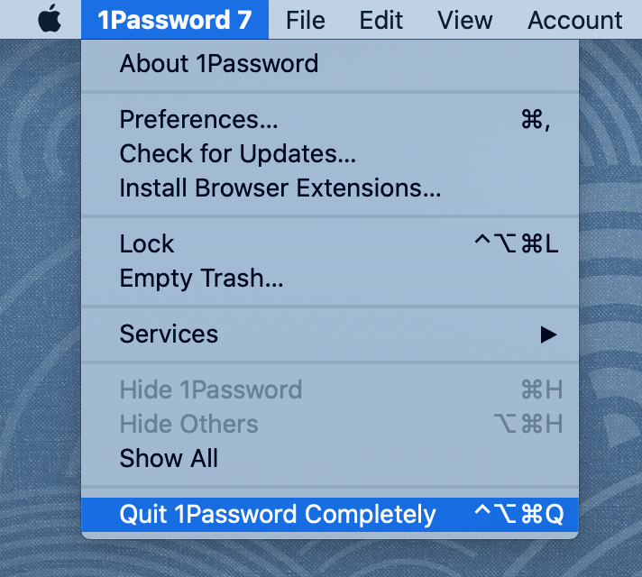 Quit 1Password completely from the menu bar