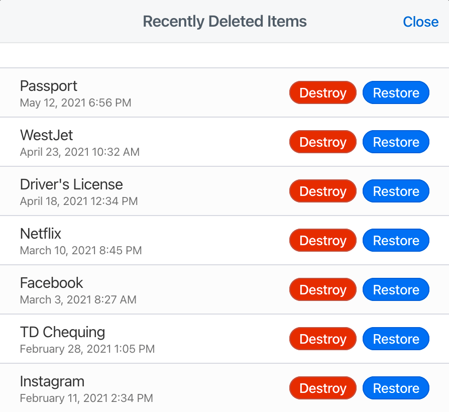 Recently deleted items on 1Password.com