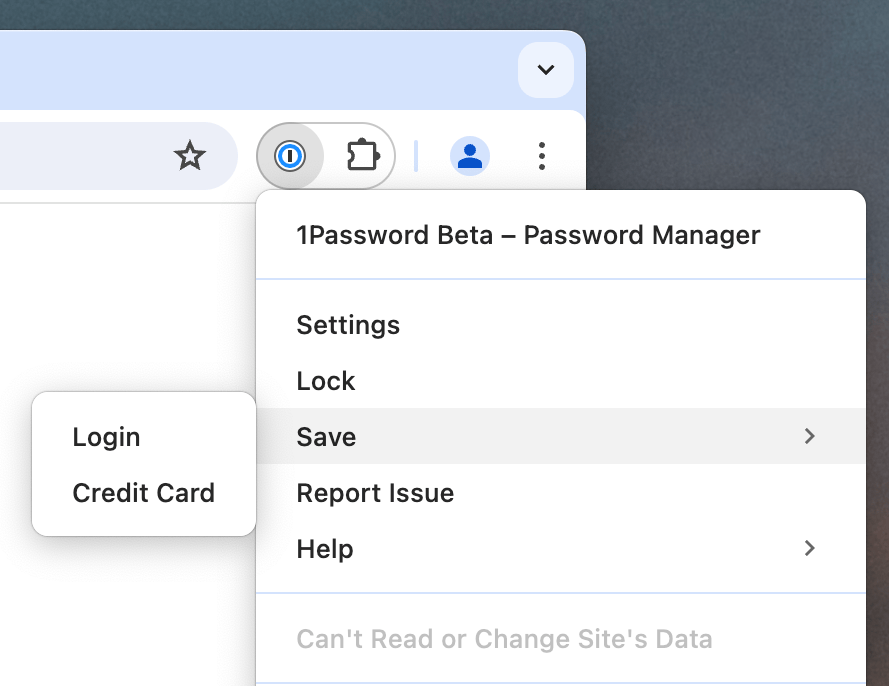 The 1Password extension right-click menu with Save > Login selected